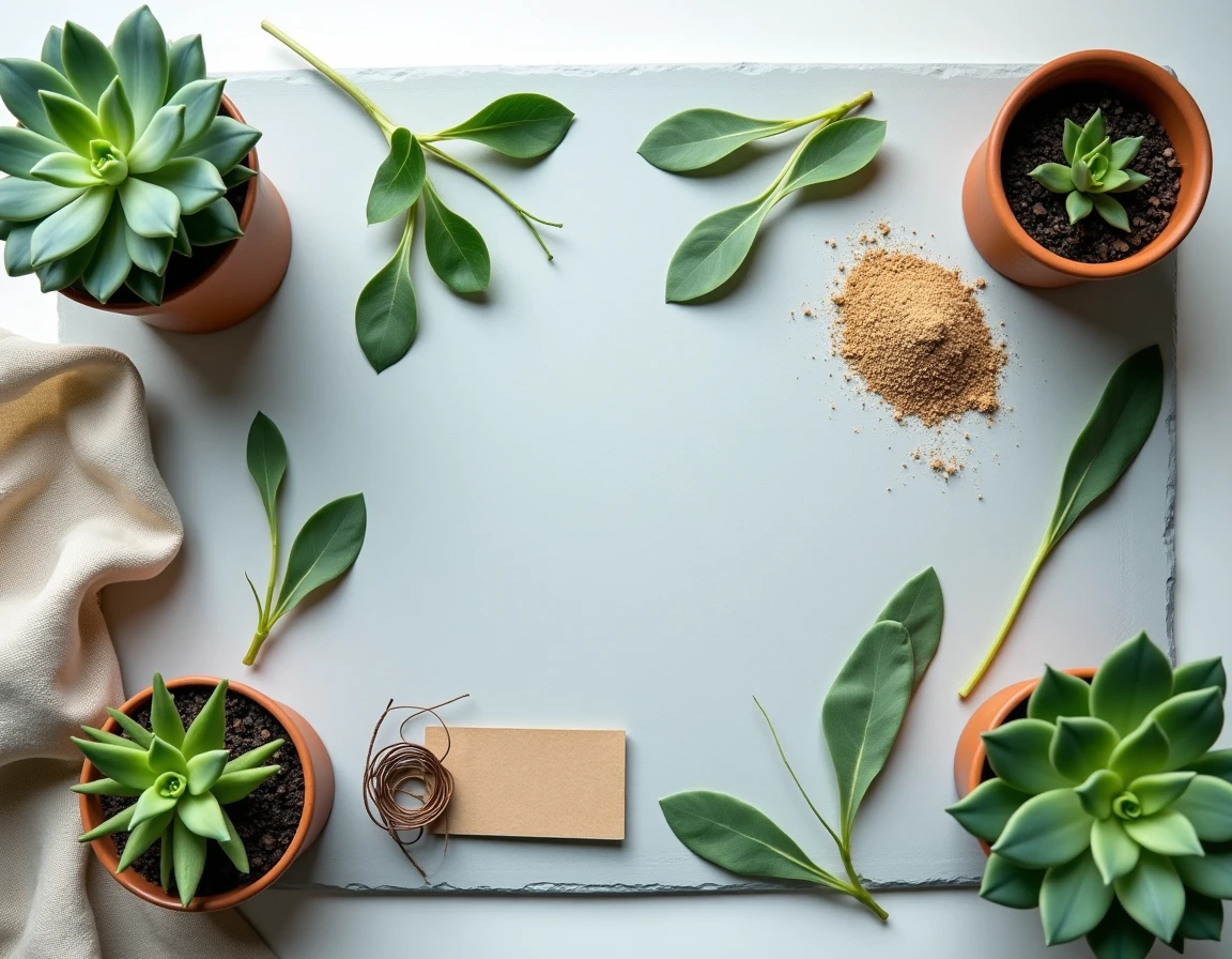 Vue du dessus d'outils de bouturage et de feuilles de succulentes disposés sur une surface en ardoise grise