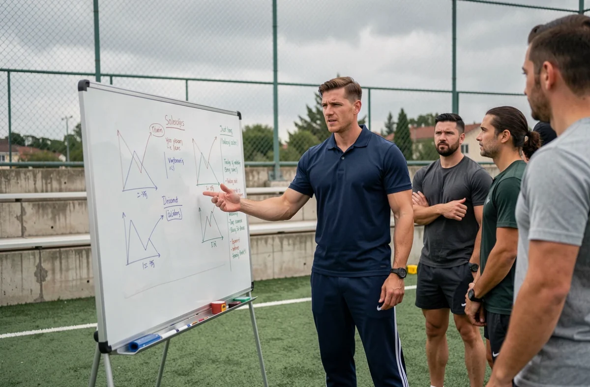 Formateur BPJEPS coach sportif expliquant un exercice à des stagiaires sur un terrain de sport en plein air