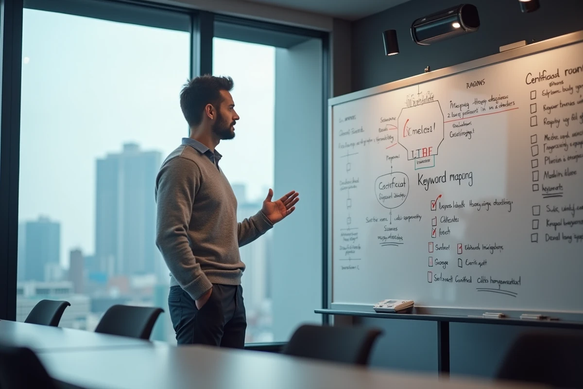 Formateur SEO expert présentant une stratégie de référencement naturel sur un tableau blanc dans une salle de formation professionnelle