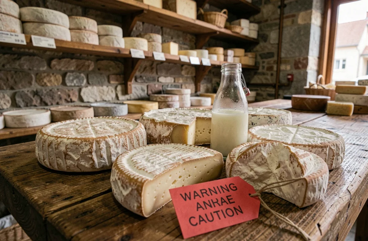 Assortiment de fromages au lait cru et bouteille de lait cru sur une table en bois avec étiquette d'avertissement