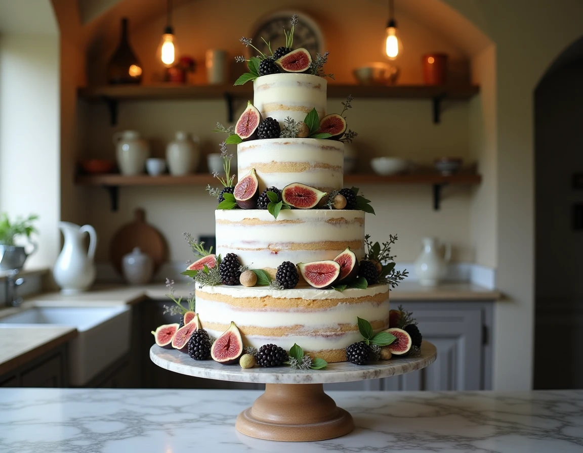 Gâteau de mariage naked cake à cinq étages décoré de figues fraîches, mûres et lavande sur un piédestal en marbre dans une cuisine provençale