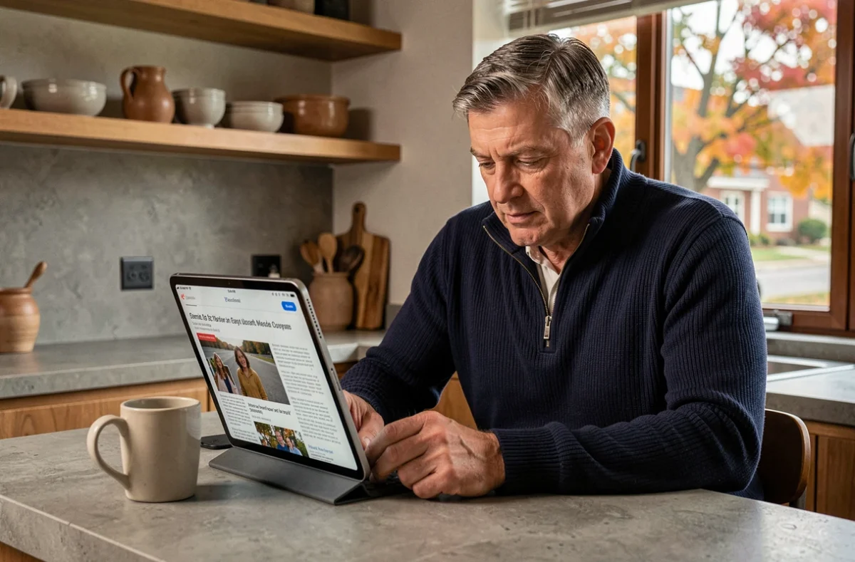 Homme lisant les actualités numériques sur une tablette dans une cuisine contemporaine