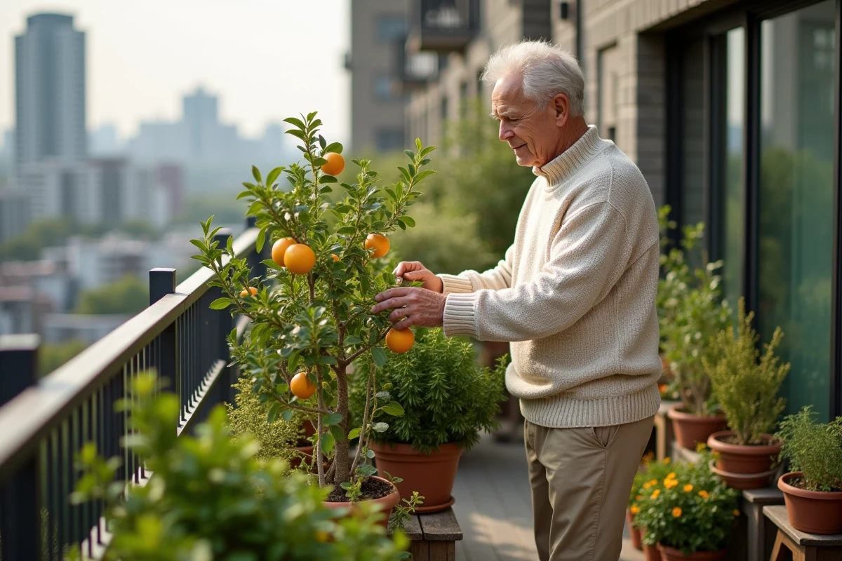 Homme senior taillant des citronniers sur un balcon ensoleille