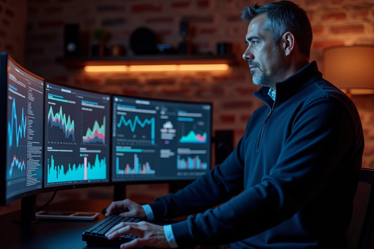 Homme analysant des tableaux de bord de tendances numériques sur un moniteur ultrawide incurvé dans un bureau à domicile