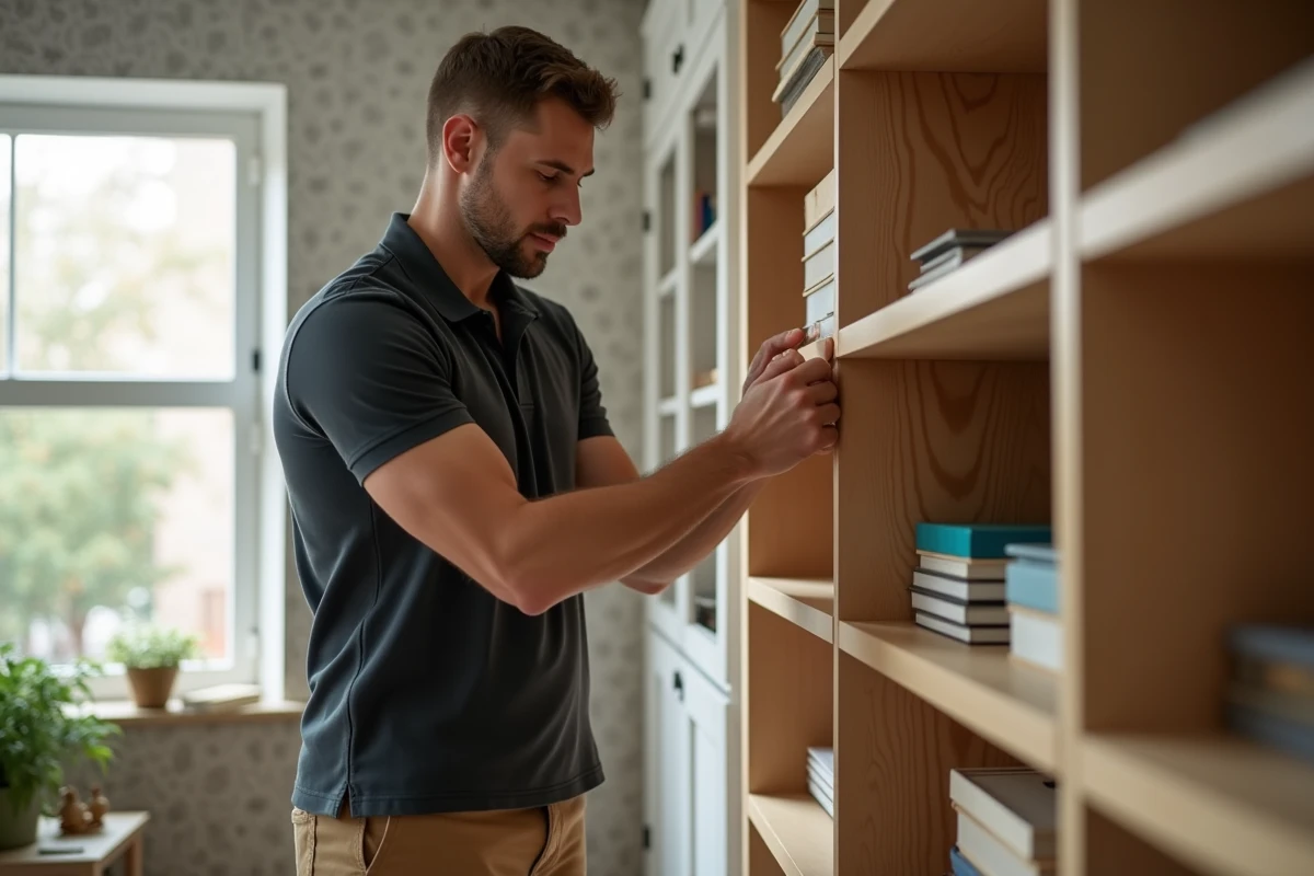 Homme en polo assemble des étagères dans un bureau lumineux