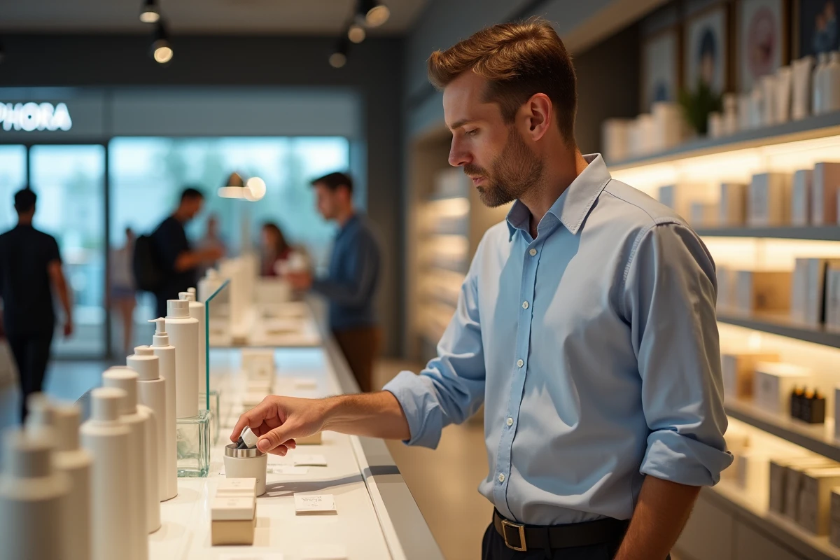 Homme regardant des produits de soin dans une boutique Sephora