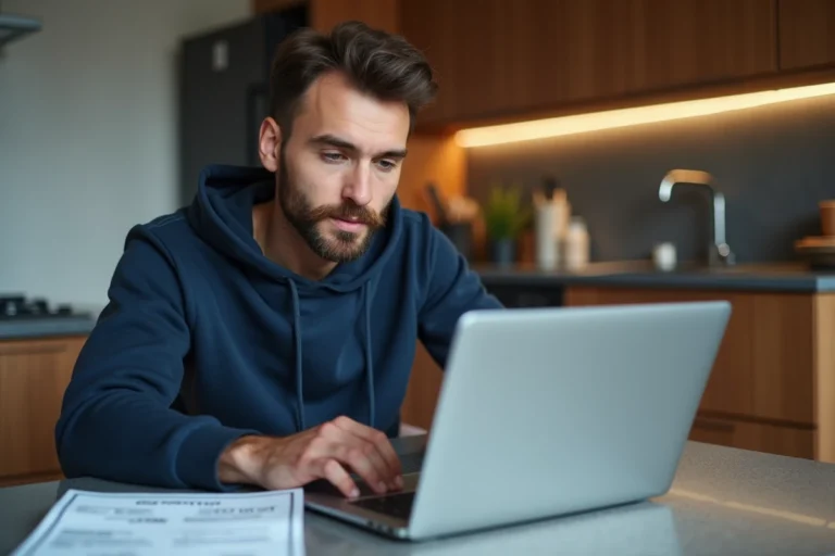 Homme concentré sur un site officiel avec documents de voiture