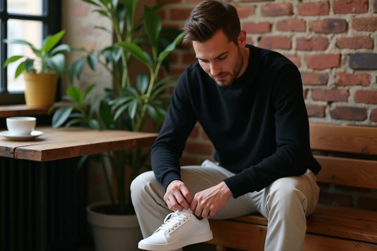 Jeune homme dans un café en train de lacer ses baskets