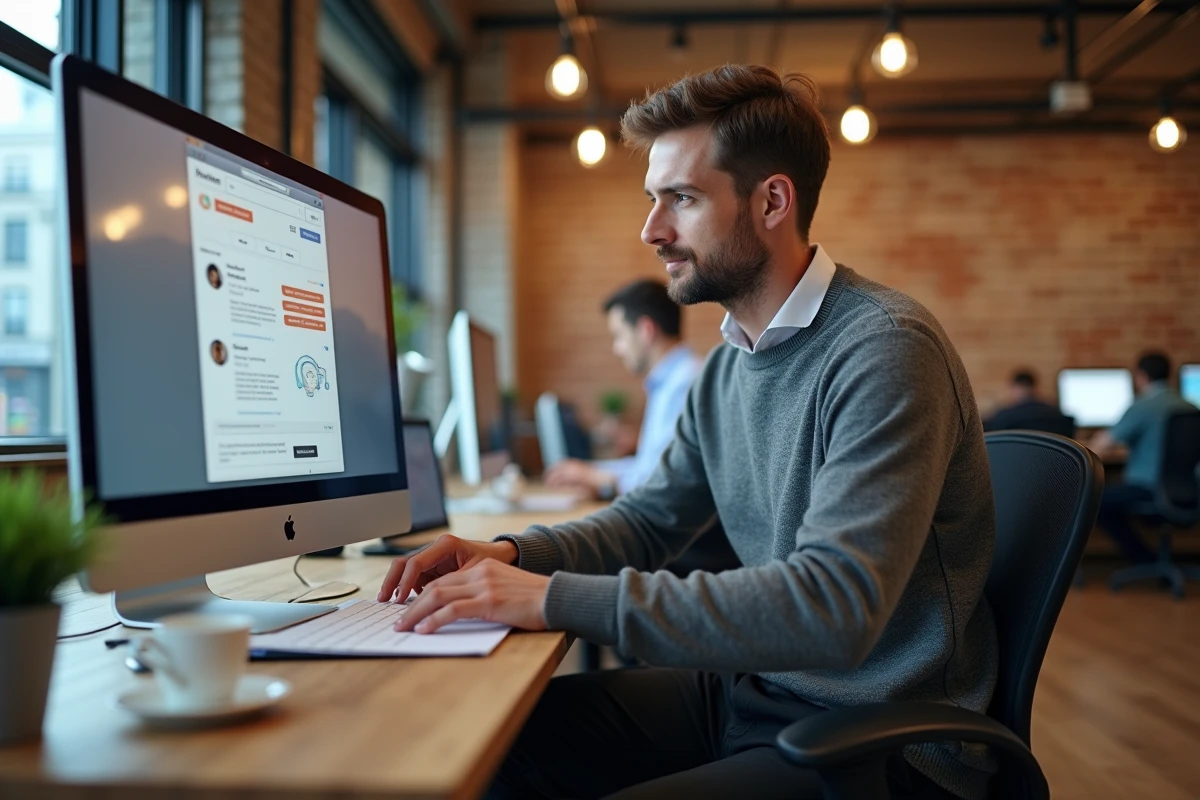 Jeune homme consultant des offres d'emploi en ligne sur un ordinateur dans un espace de coworking moderne