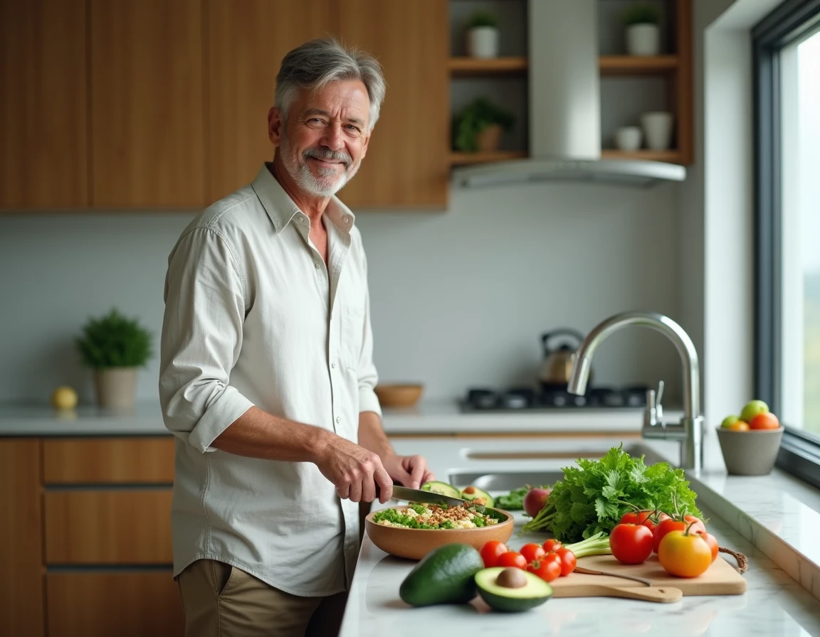 Homme préparant un repas sain et équilibré dans une cuisine moderne pour améliorer son bien-être