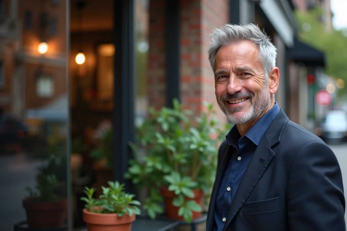 Homme souriant regardant son reflet dans un café urbain