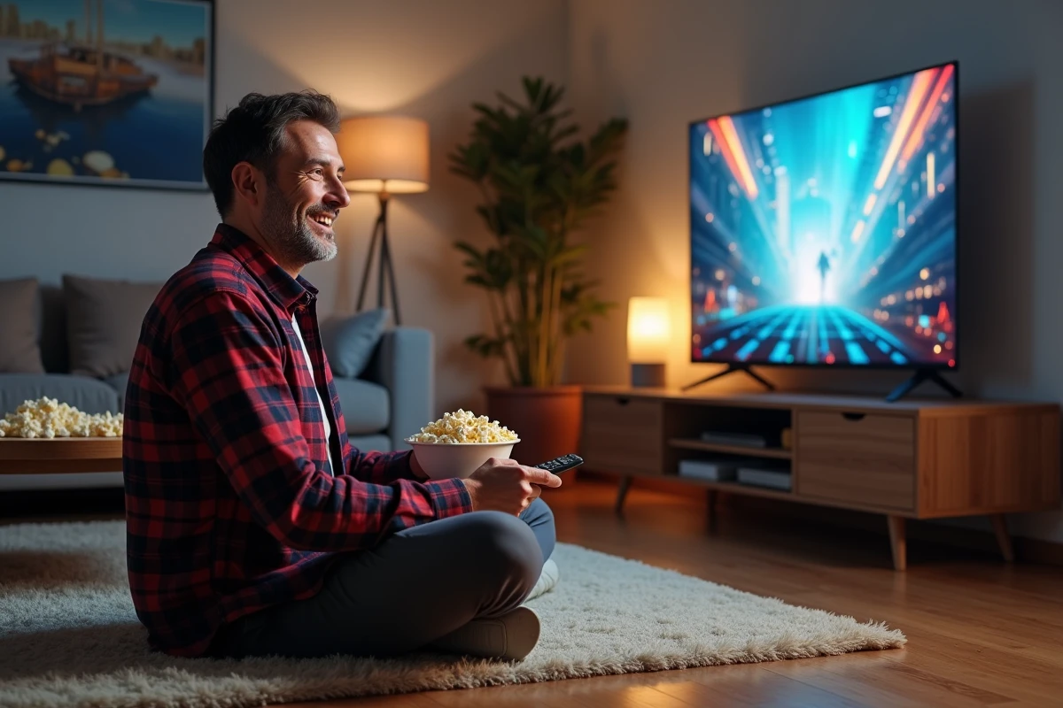 Homme regardant la télévision avec popcorn dans un salon moderne