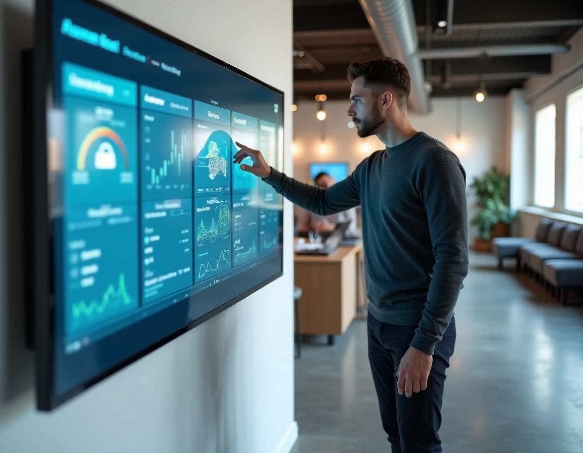 Homme interagissant avec un tableau de bord numérique interactif dans un espace de coworking