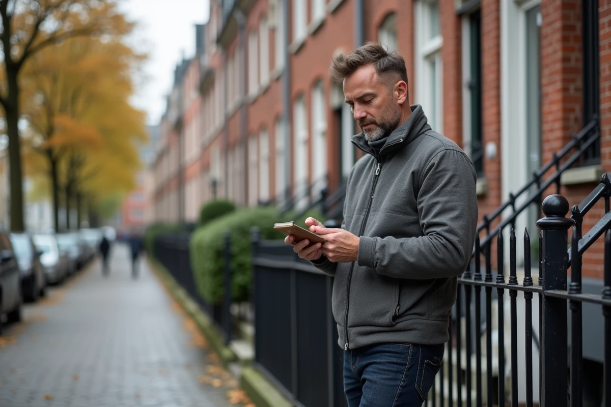 Homme inspectant une maison en briques belge dans une rue bruxelloise et prenant des notes pour trouver le propriétaire