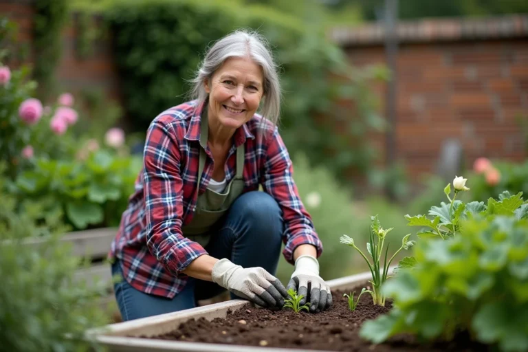 Femme moyenne âge plantant des semis dans un jardin luxuriant