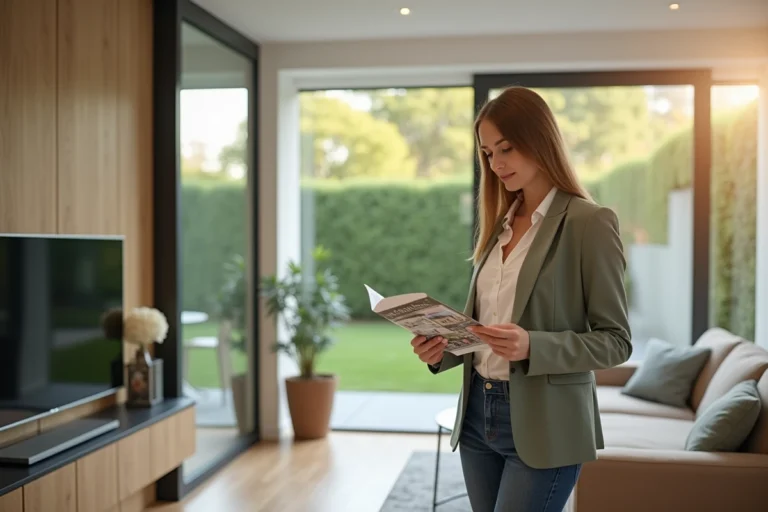 Jeune femme en blazer dans un salon lumineux pour l'immobilier