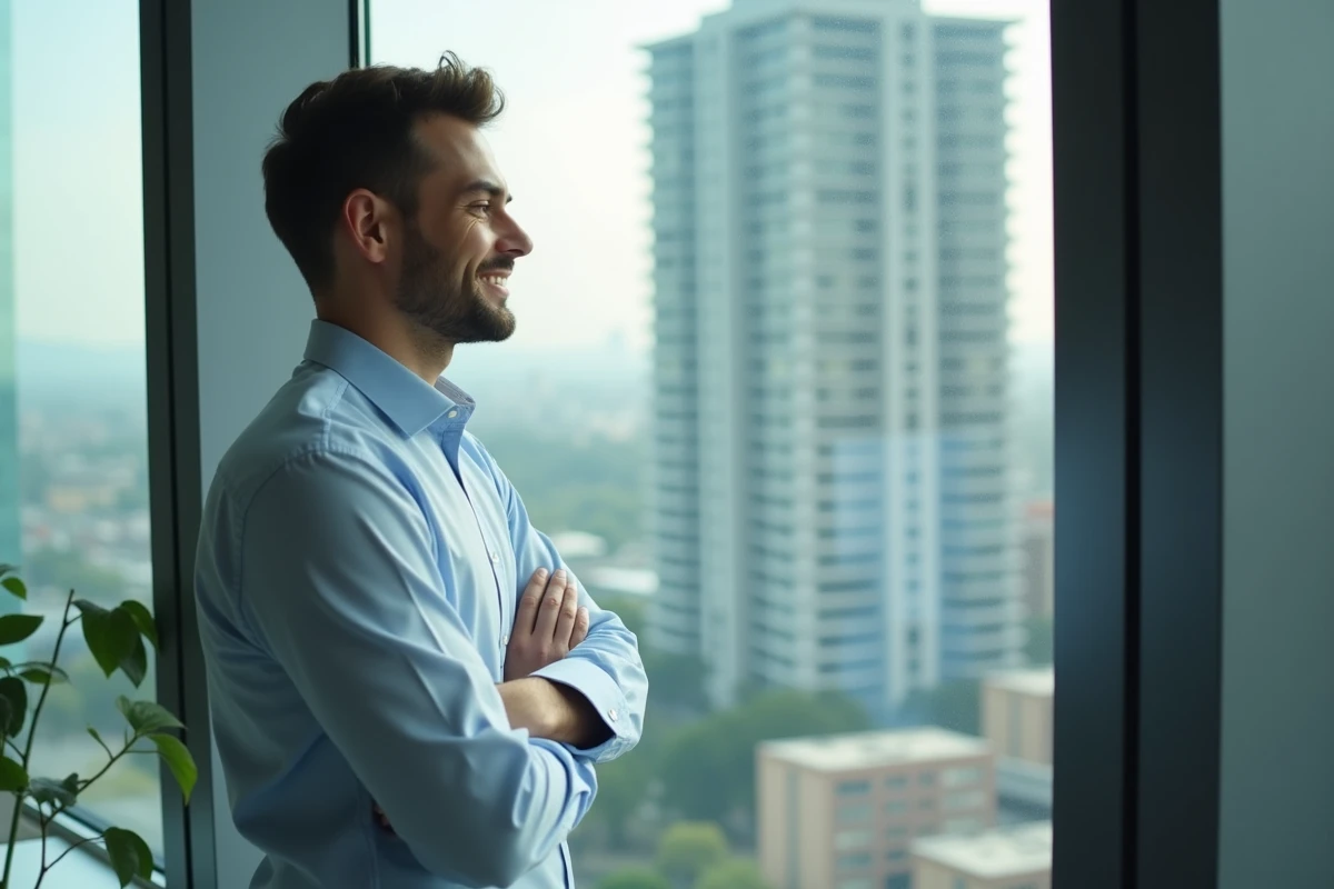 Jeune homme regardant la ville depuis une fenetre