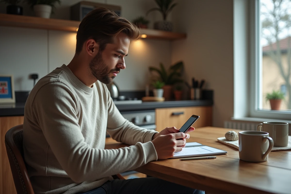 Jeune homme vérifiant son smartphone à la maison