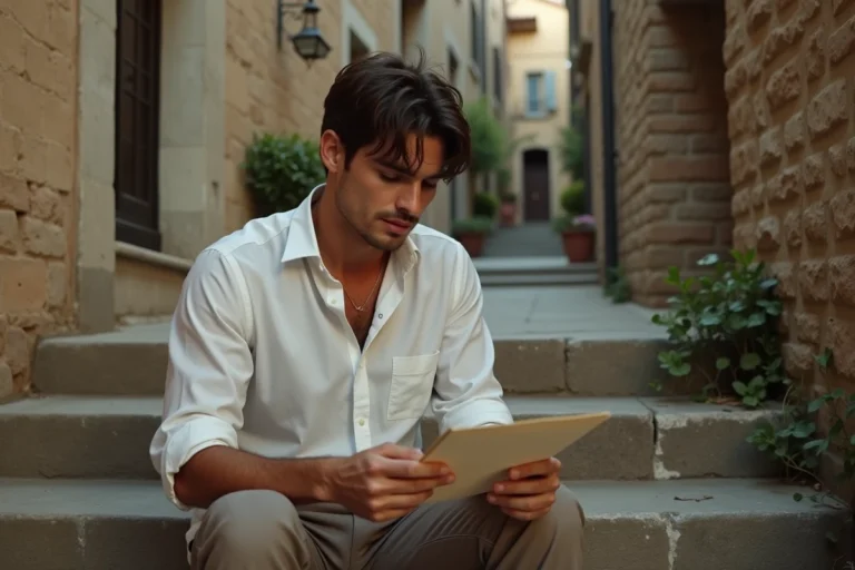Jeune homme italien lisant une lettre dans un village
