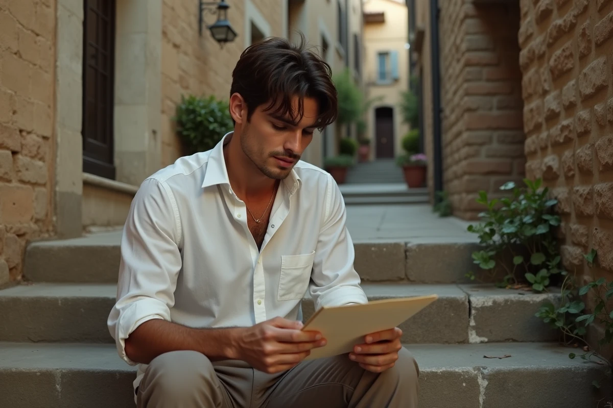Jeune homme italien lisant une lettre dans un village