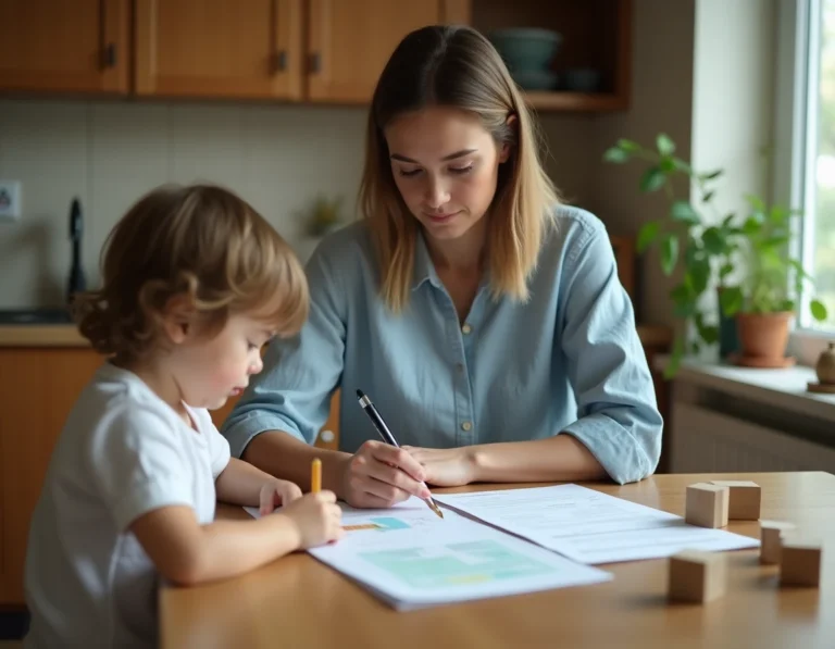 Mère remplissant un dossier de demande d'aide CAF à la maison avec son enfant de 3 ans jouant à proximité