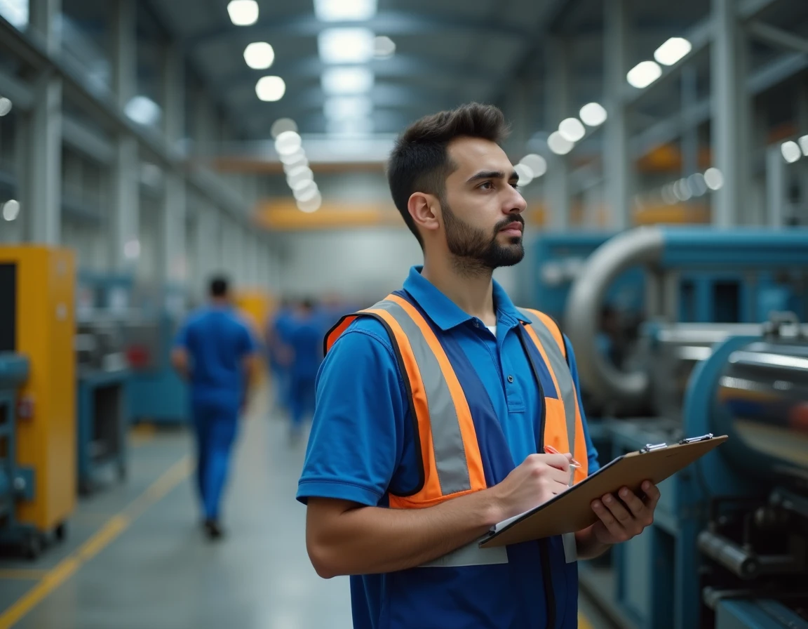 Ouvrier turc dans une usine de Bursa avec un uniforme de travail, illustrant les salaires dans le secteur industriel en Turquie