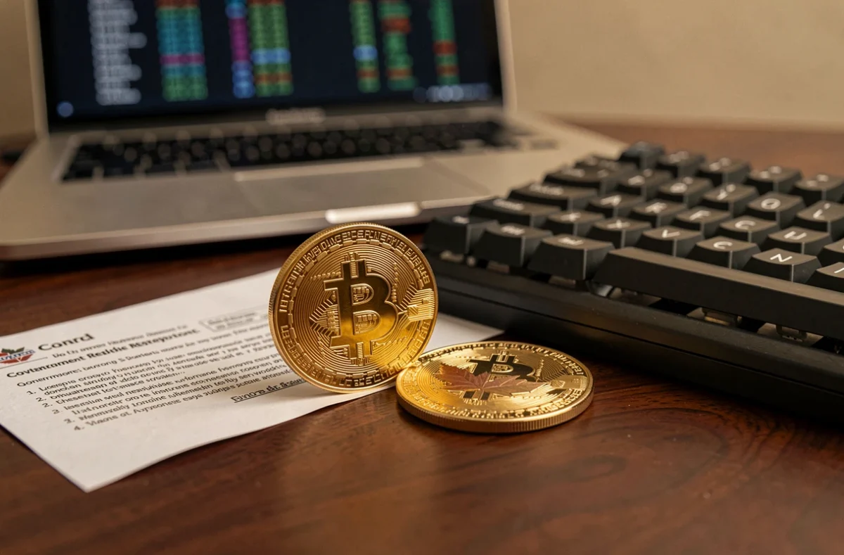 Gros plan sur une pièce de monnaie canadienne et un token Bitcoin physique posés à côté d'un avis réglementaire gouvernemental imprimé sur un bureau en noyer