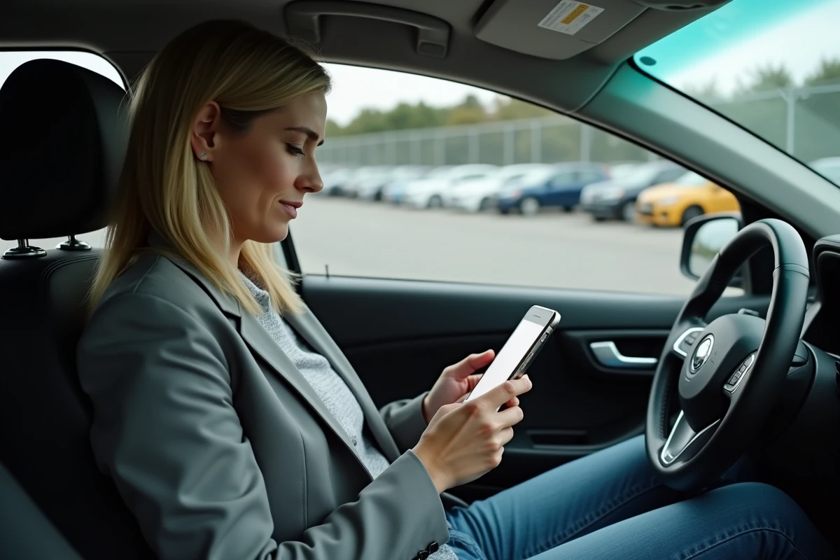 Femme consultant un plan de paiement échelonné sur smartphone dans une voiture au dépôt de fourrière