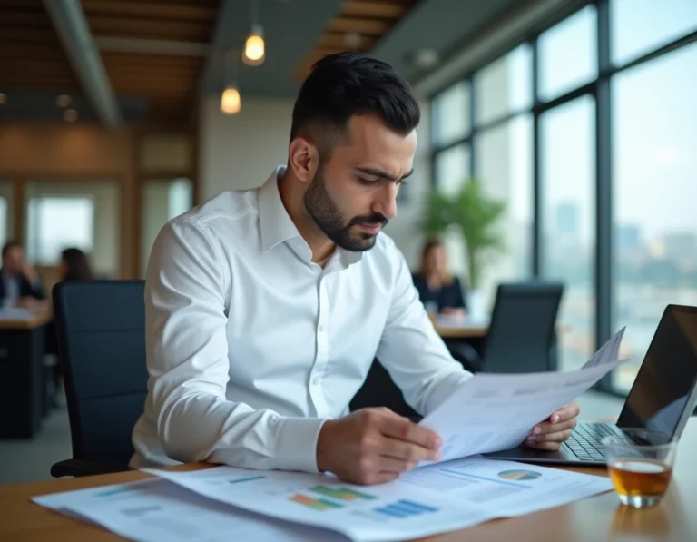 Professionnel turc analysant des documents financiers dans un bureau moderne d'Istanbul, illustrant le salaire moyen en Turquie