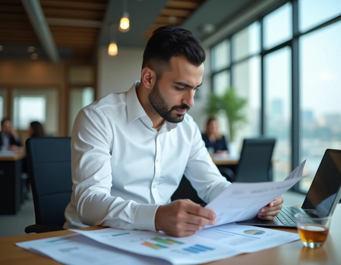 Professionnel turc analysant des documents financiers dans un bureau moderne d'Istanbul, illustrant le salaire moyen en Turquie