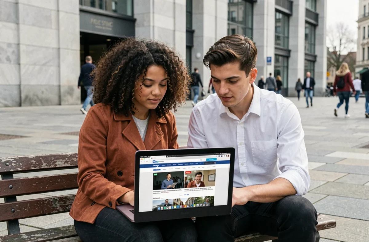 Deux jeunes professionnels consultant un site d'information sur ordinateur portable en plein air dans une place urbaine