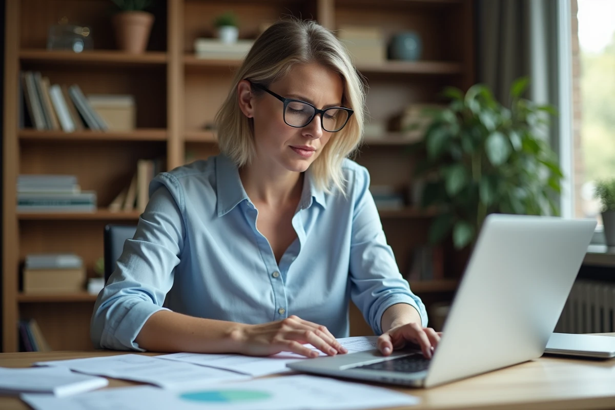 Femme consultant des documents cadastraux belges sur un bureau en bois pour identifier le propriétaire d'une maison