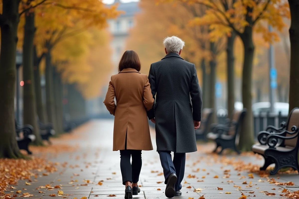 Couple marchant bras dessus bras dessous sur un boulevard parisien en automne, symbole d'une vie de couple épanouie et discrète