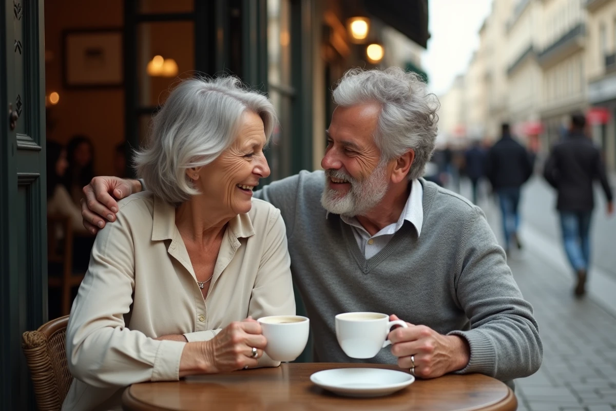 Couple complice attablé en terrasse de café parisien, évoquant la relation intime et discrète de Sophie Jovillard et son mari