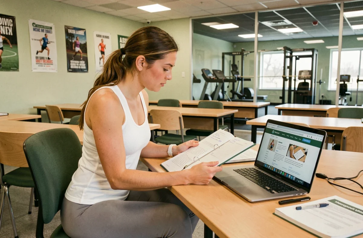Stagiaire BPJEPS en formation théorique dans une salle de cours d'un centre de formation sportif