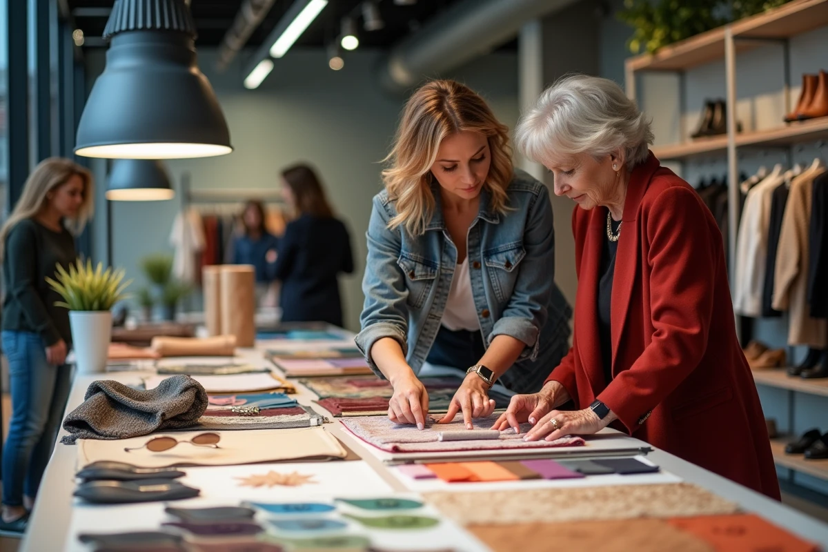 Styliste et femme âgée choisissant des tenues dans un studio