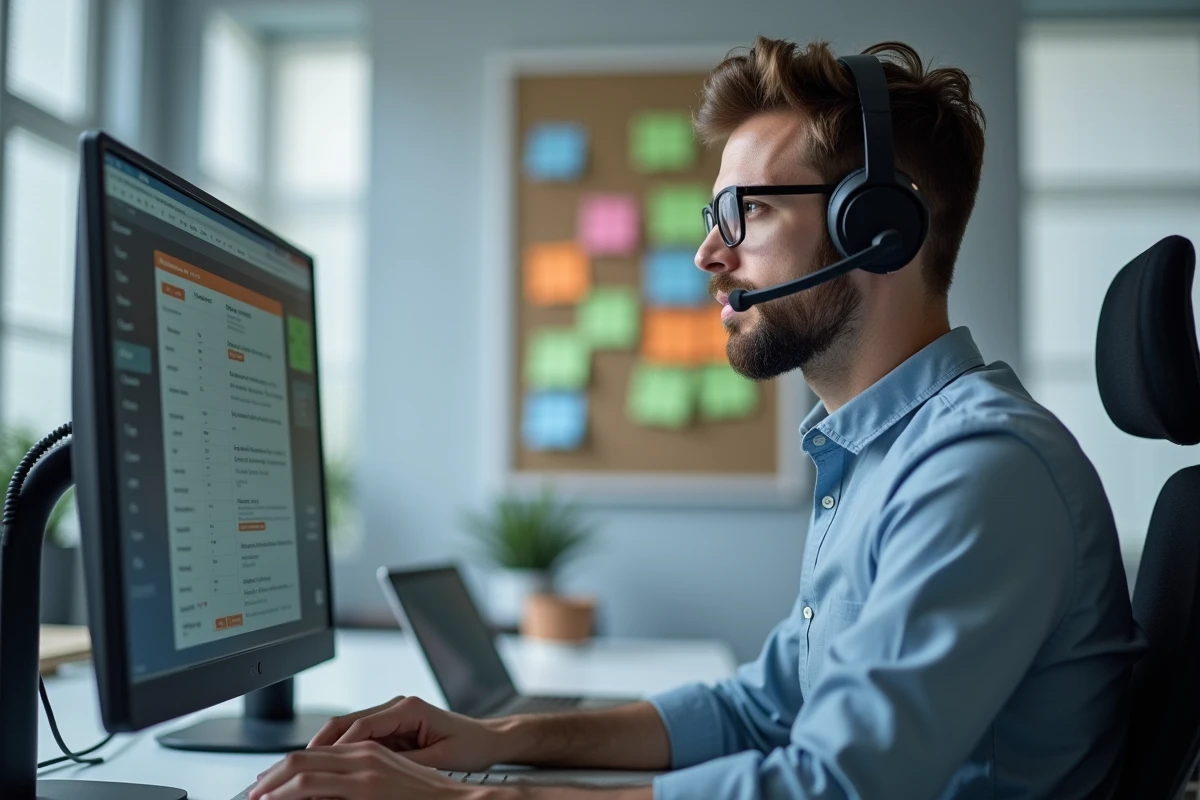 Support informatique aidant un collègue en visioconference