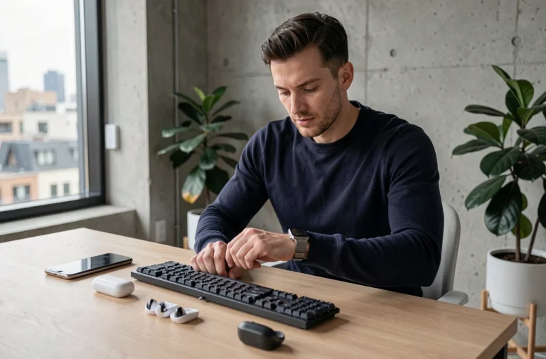 Homme dans la trentaine explorant les dernières tendances high-tech avec une montre connectée et des gadgets technologiques sur un bureau minimaliste en bois