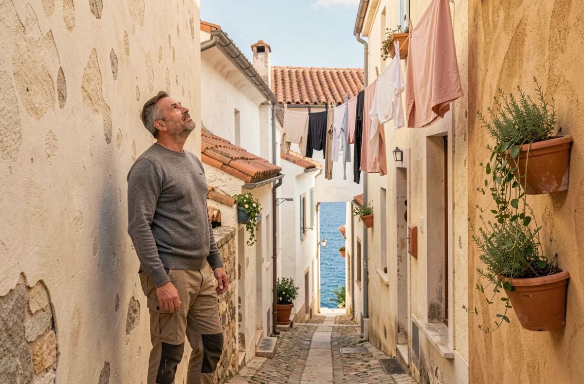 Homme voyageur admirant une ruelle pittoresque en pierre d'un village côtier méditerranéen avec vue sur la mer bleue