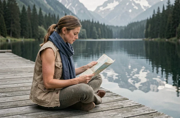 Femme voyageuse assise sur un ponton en bois étudiant une carte devant un lac de montagne entouré de forêts de pins et de sommets enneigés