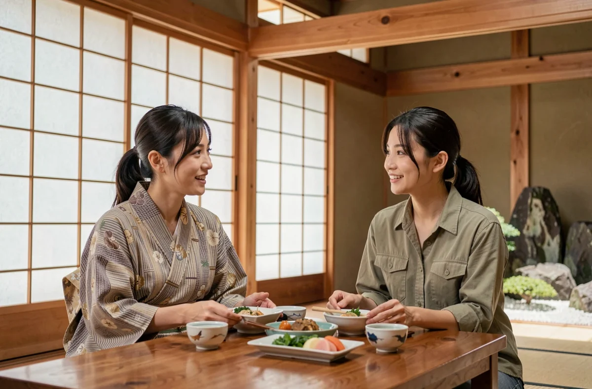 Deux femmes voyageuses partageant un repas traditionnel dans une maison de thé japonaise en bois avec jardin zen visible en arrière-plan